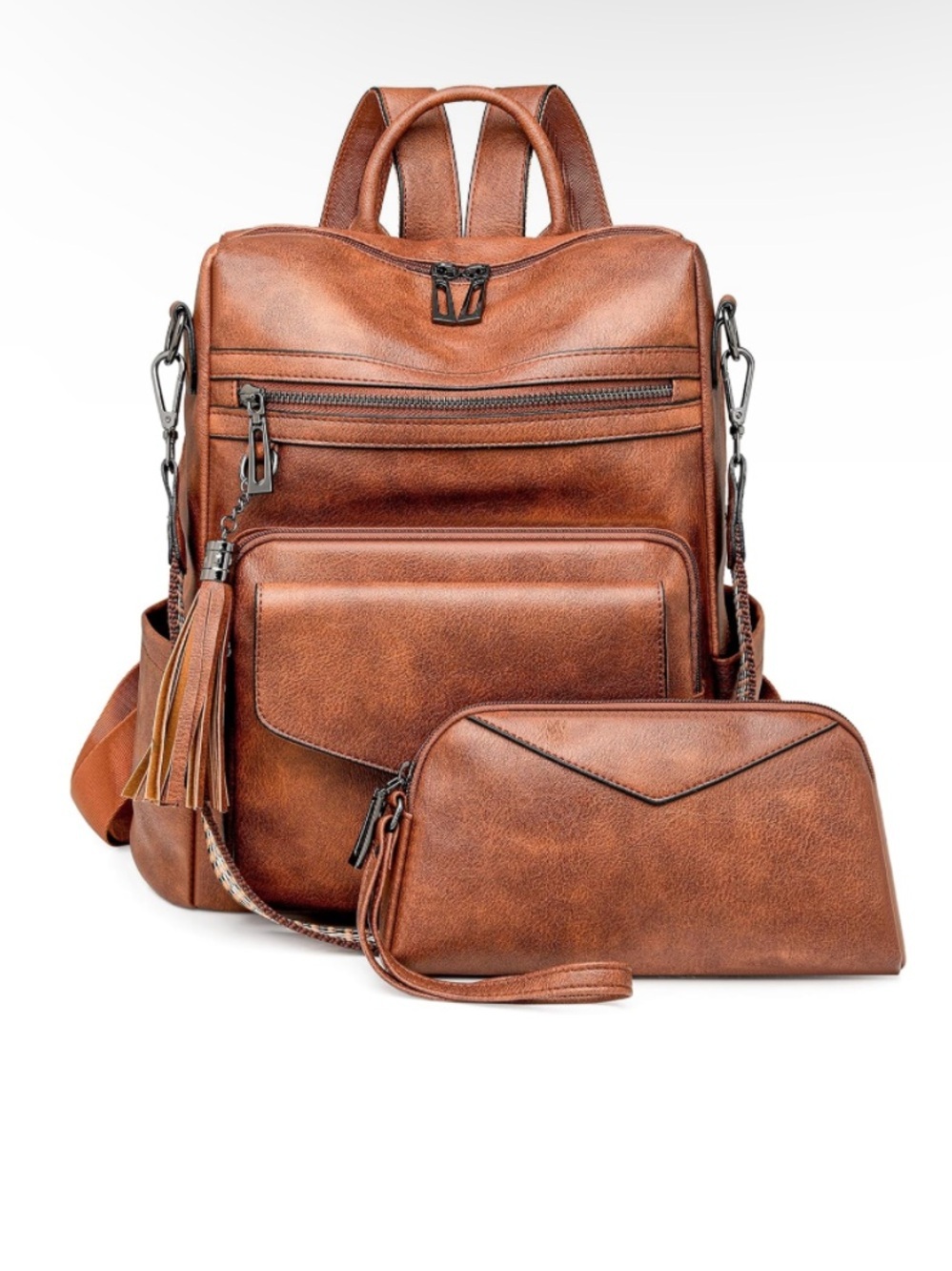 Faux Leather Backpack & Wristlet Set - Cognac Brown